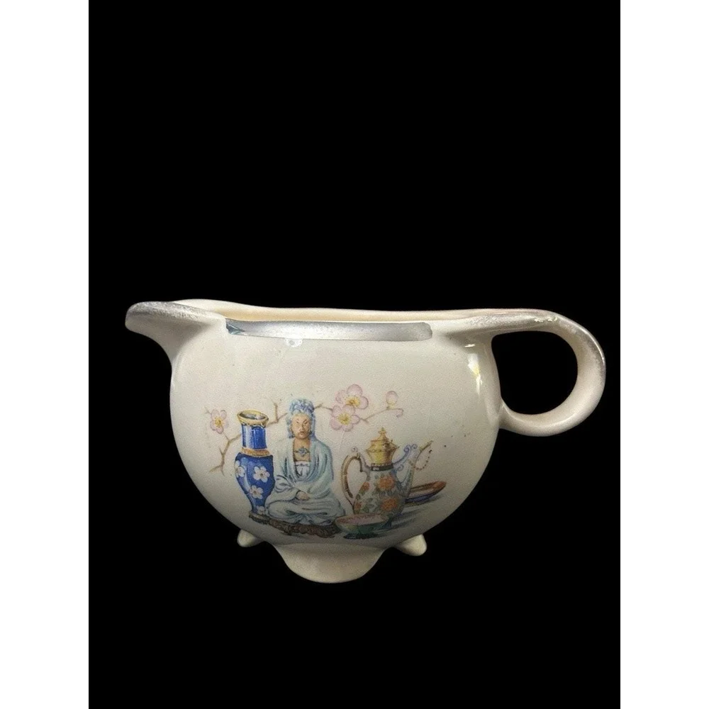 Mid Century Chinoiserie Quan Yin Footed Creamer Pitcher Vintage Asian Decor